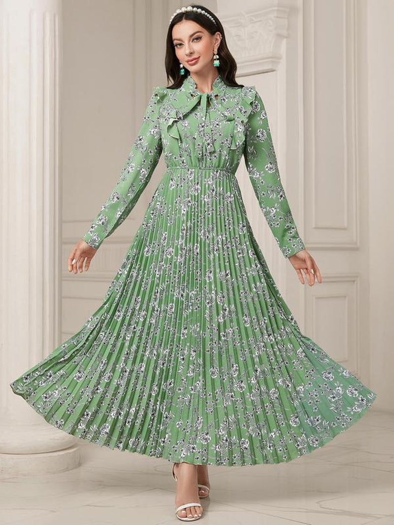 Women'S Floral Print Tie Neck Long Sleeve Vintage A-Line Dress, Summer Clothes Women, Elegant Flared Long Maxi Dresses for Spring & Fall, Women Clothing